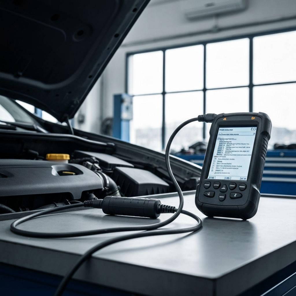 Professional automotive diagnostic scanner connected to a car engine