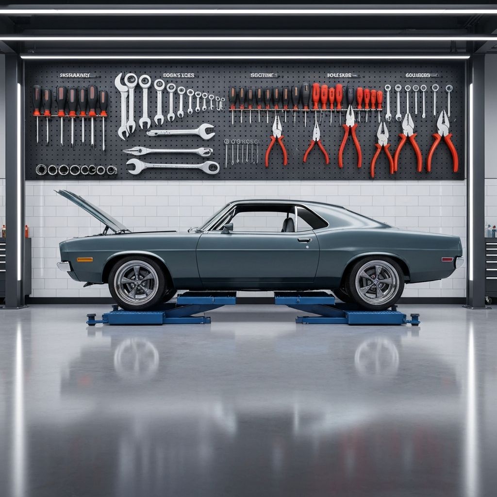 Clean automotive service workshop with a car on a hoist lift