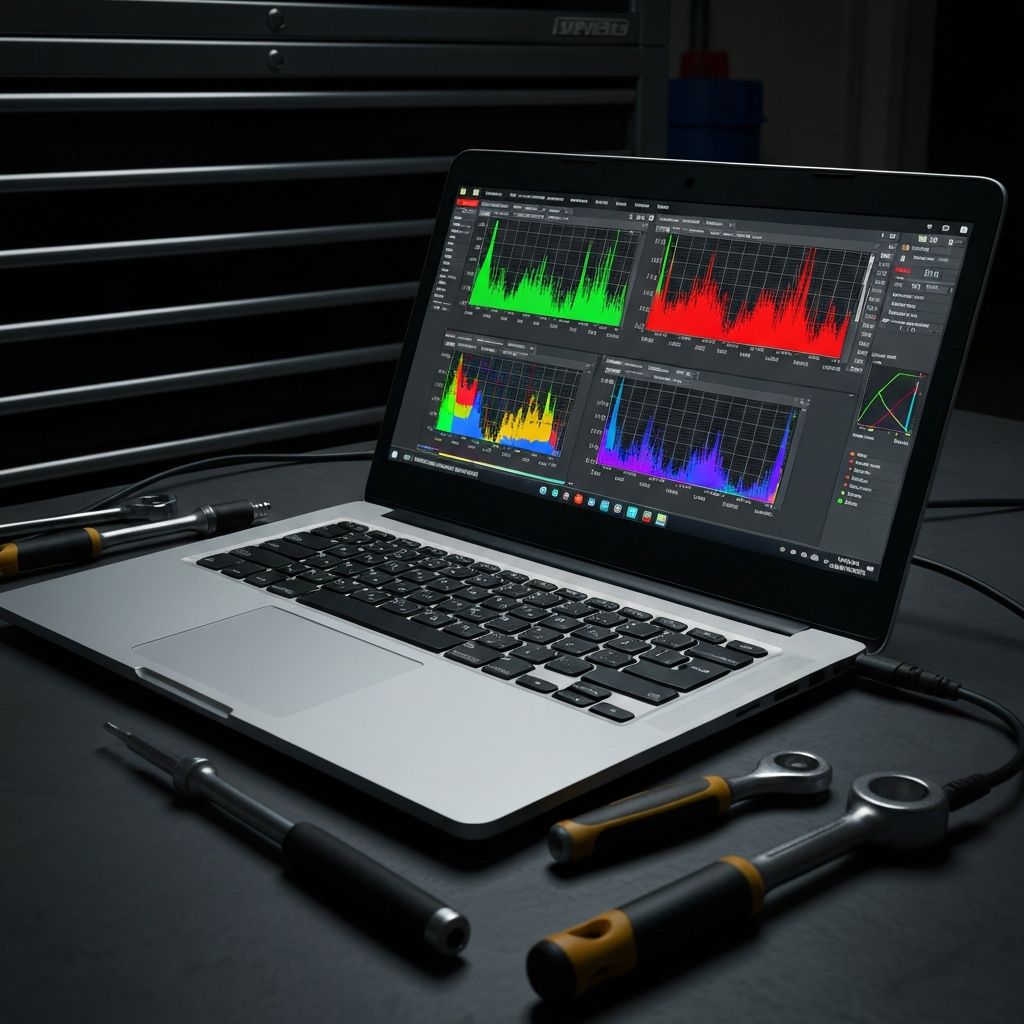 Laptop connected to car ECU showing engine tuning software and dyno graphs